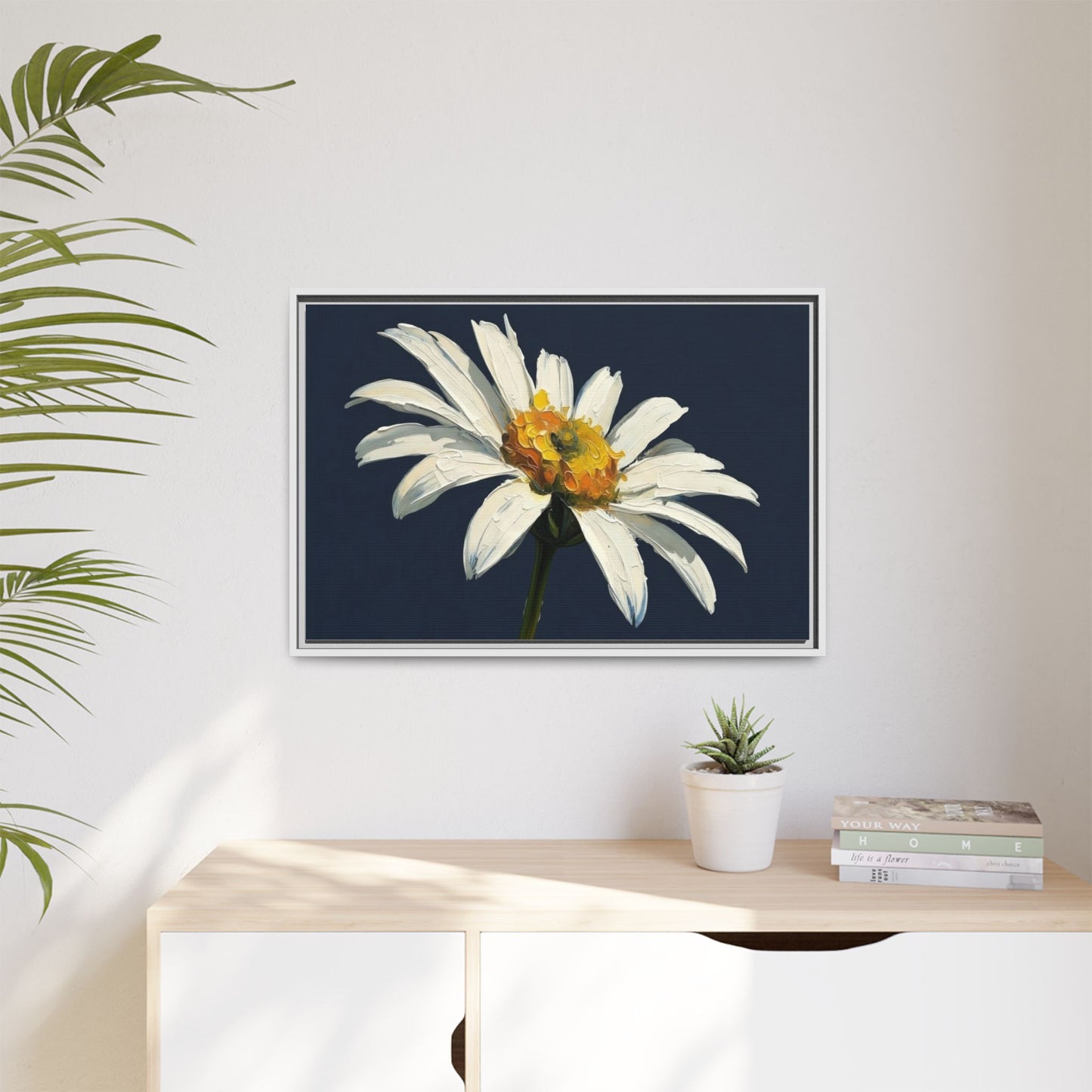 Framed Matte Canvas Daisy Wall Art — White Floral Painting on Navy