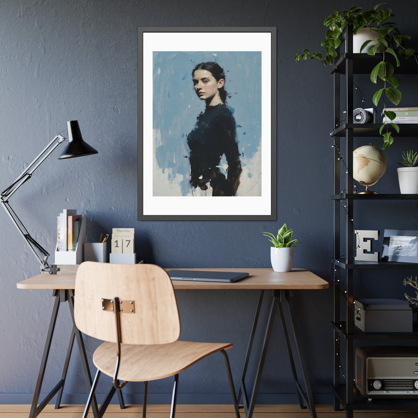 Framed Art Print — Moody Portrait with Blue Painterly Background