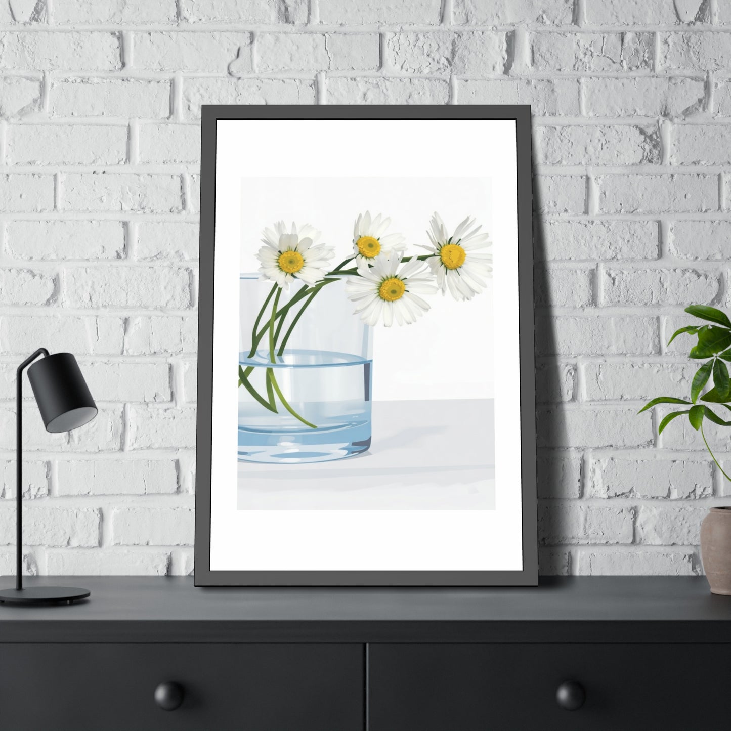 Framed Poster — Daisies in Glass Vase Wall Art, Minimal Botanical Print for Living Room