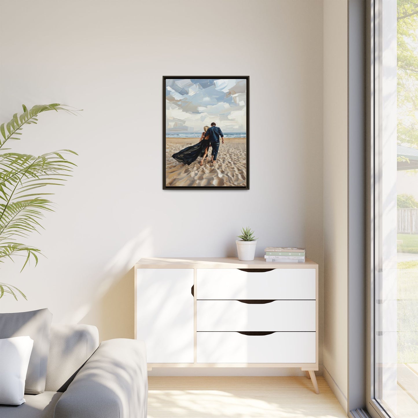 Framed Canvas Wall Art — Romantic Couple Walking on Beach Print