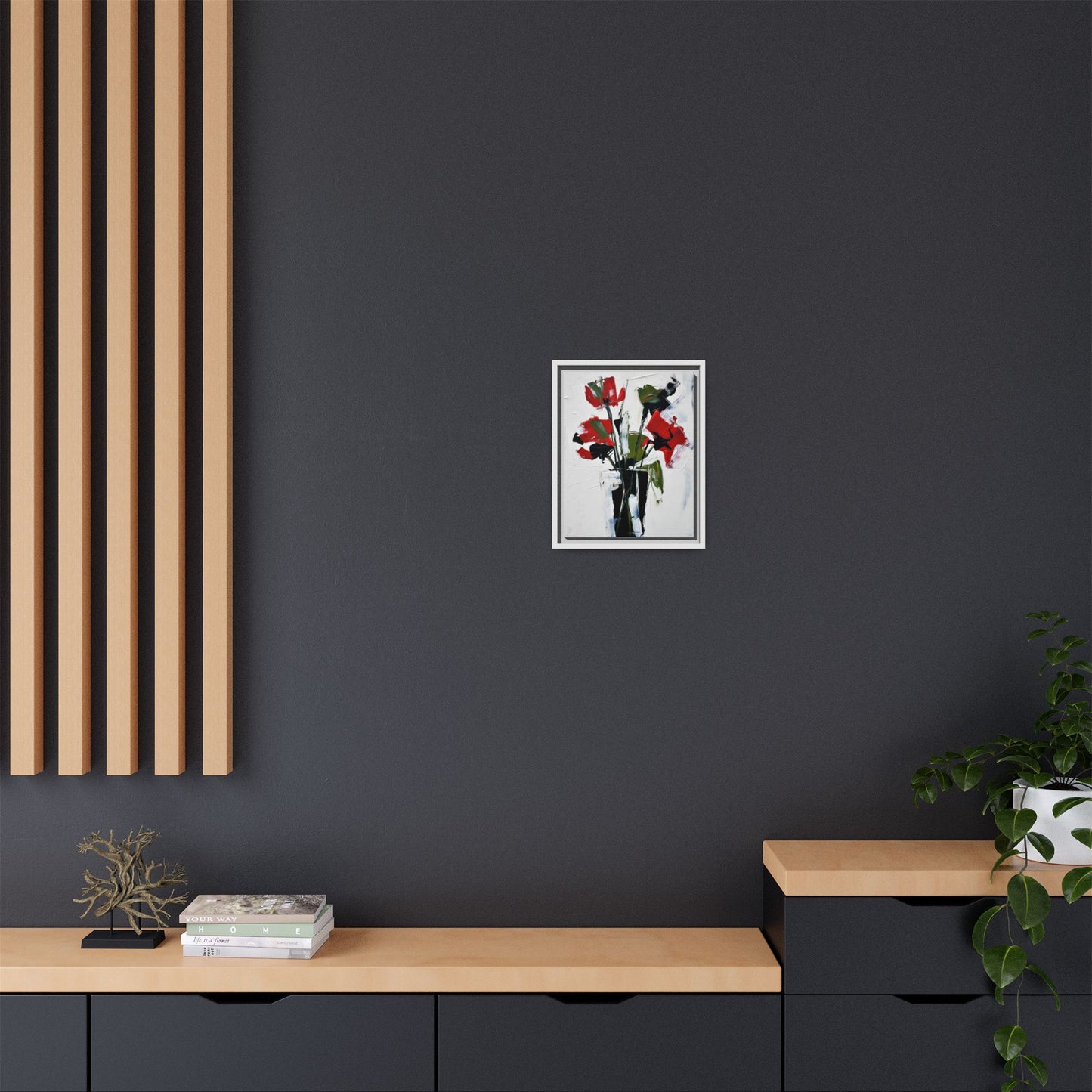 Framed Abstract Floral Canvas Print — Red Poppies in Black Vase