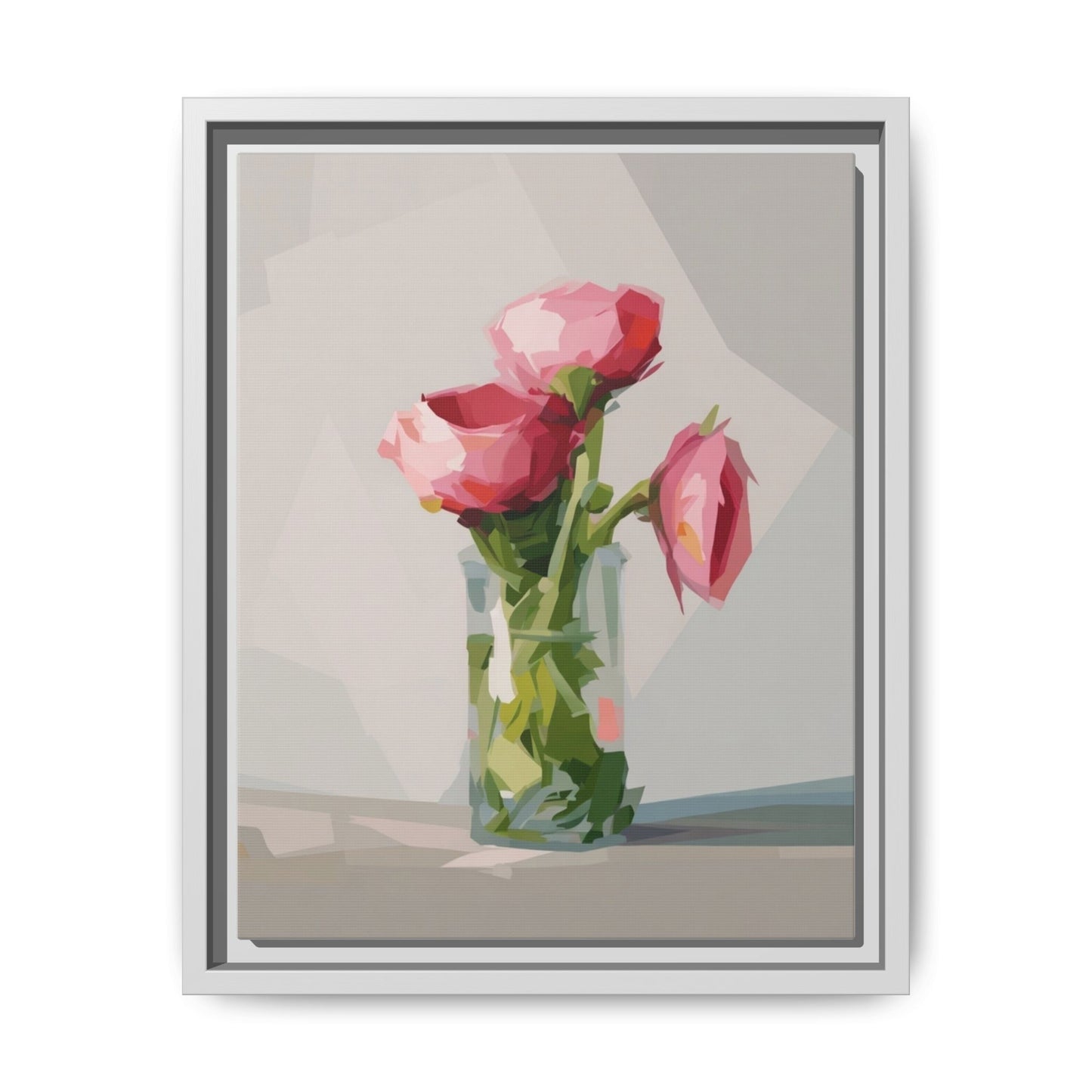 Framed Canvas Art — Pink Roses in Vase, Modern Floral Wall Print