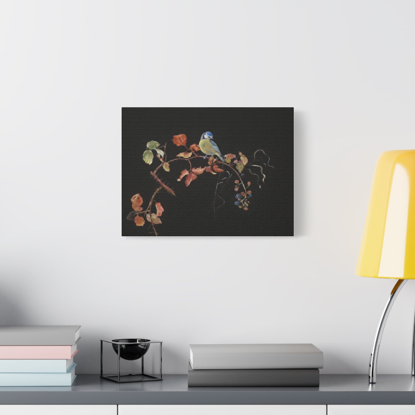 Canvas Wall Art - Blue Tit on Autumn Branch, Stretched Matte Canvas