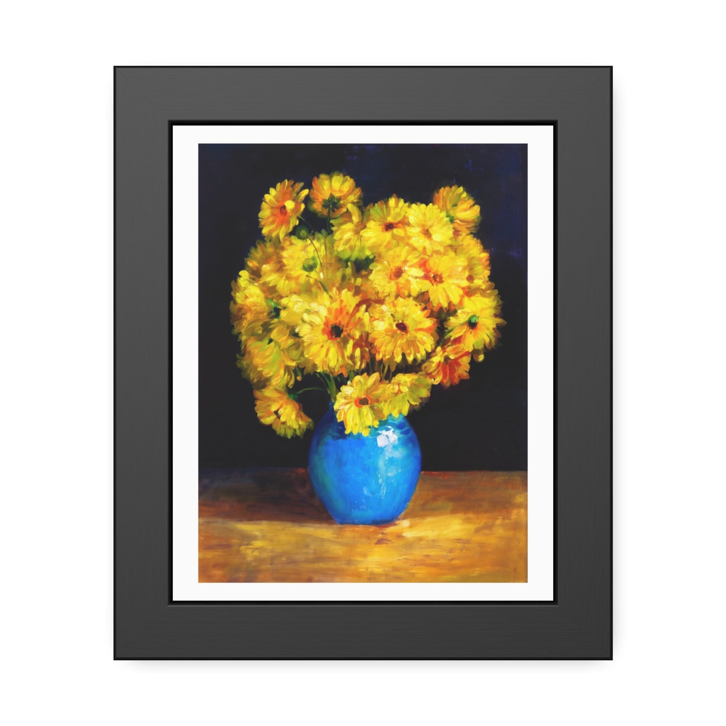 Framed Art Print — Yellow Daisy Bouquet in Blue Vase