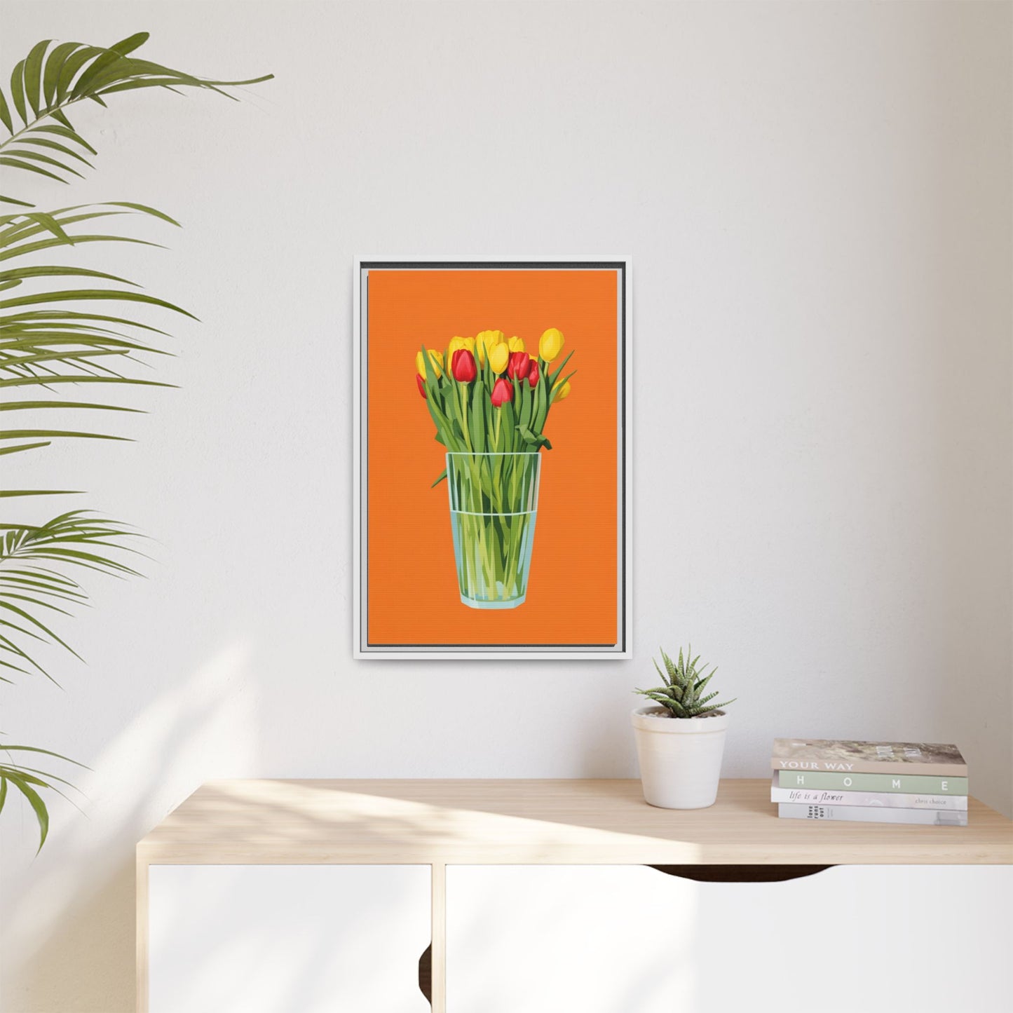 Framed Tulip Canvas Print — Colorful Tulips in Glass Vase