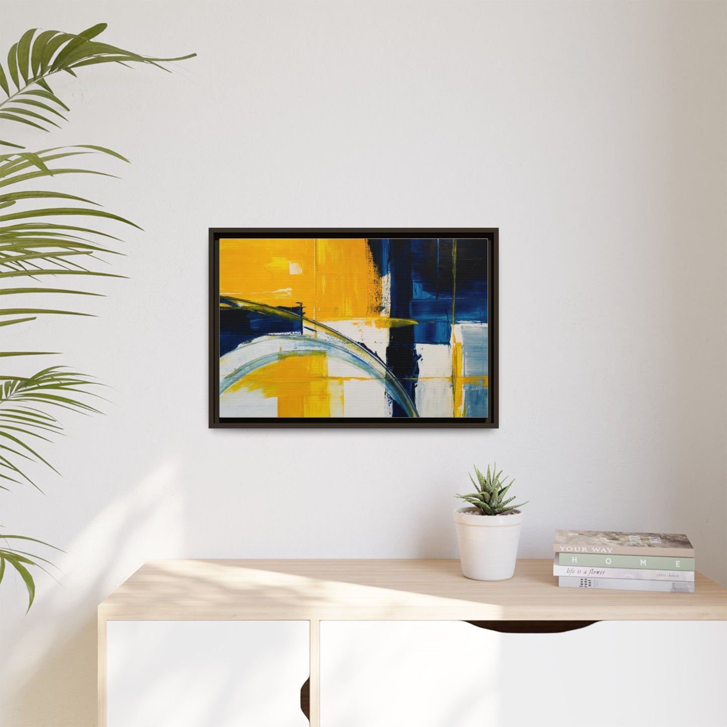 Abstract Yellow & Blue Framed Canvas Wall Art — Modern Matte Canvas Print