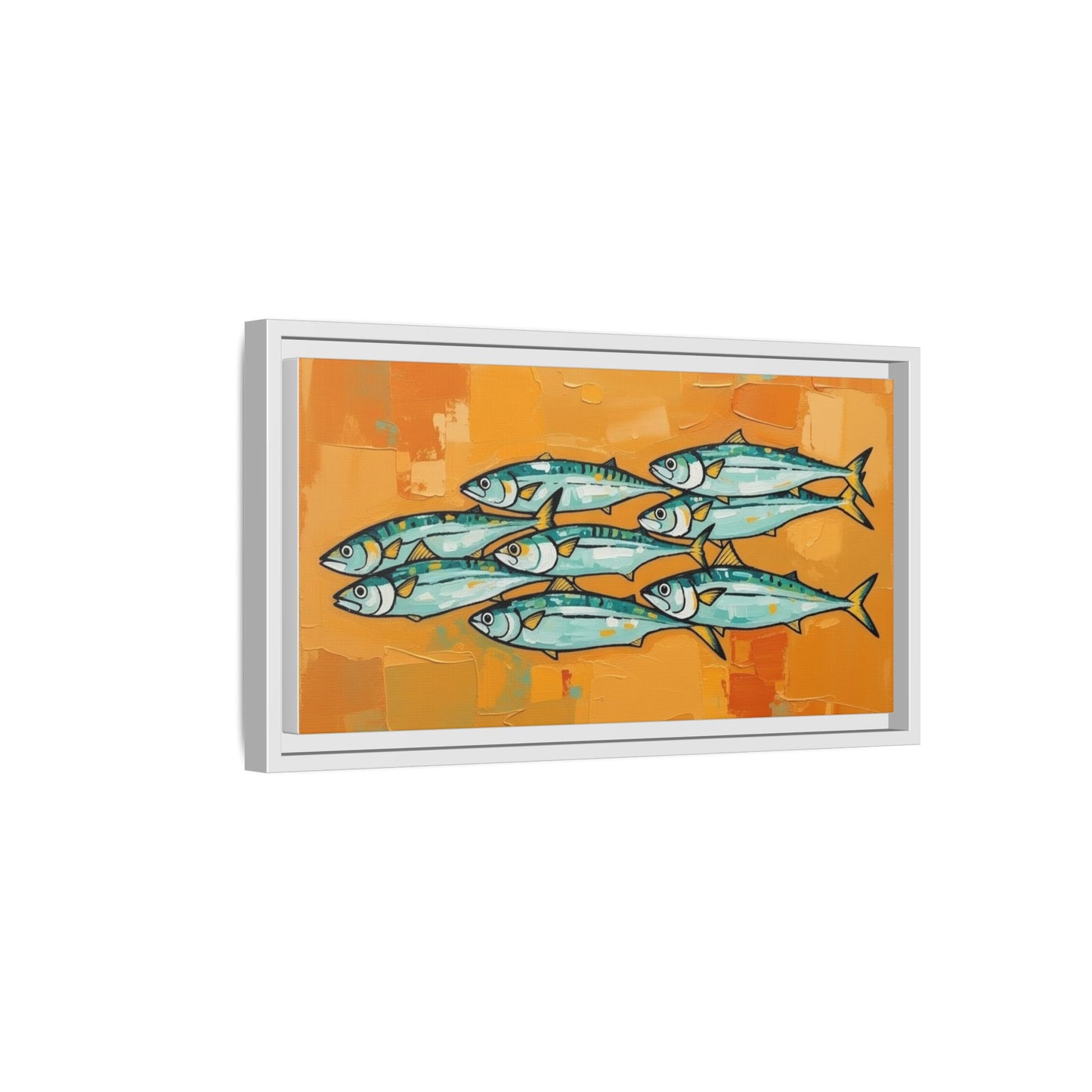 Framed Matte Canvas Print — School of Blue Fish on Orange Abstract Background