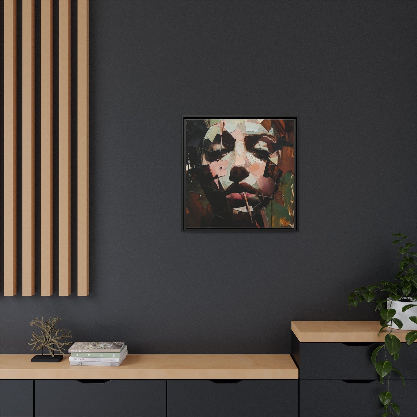 Matte Framed Canvas Art — Abstract Female Portrait, Moody Multicolor