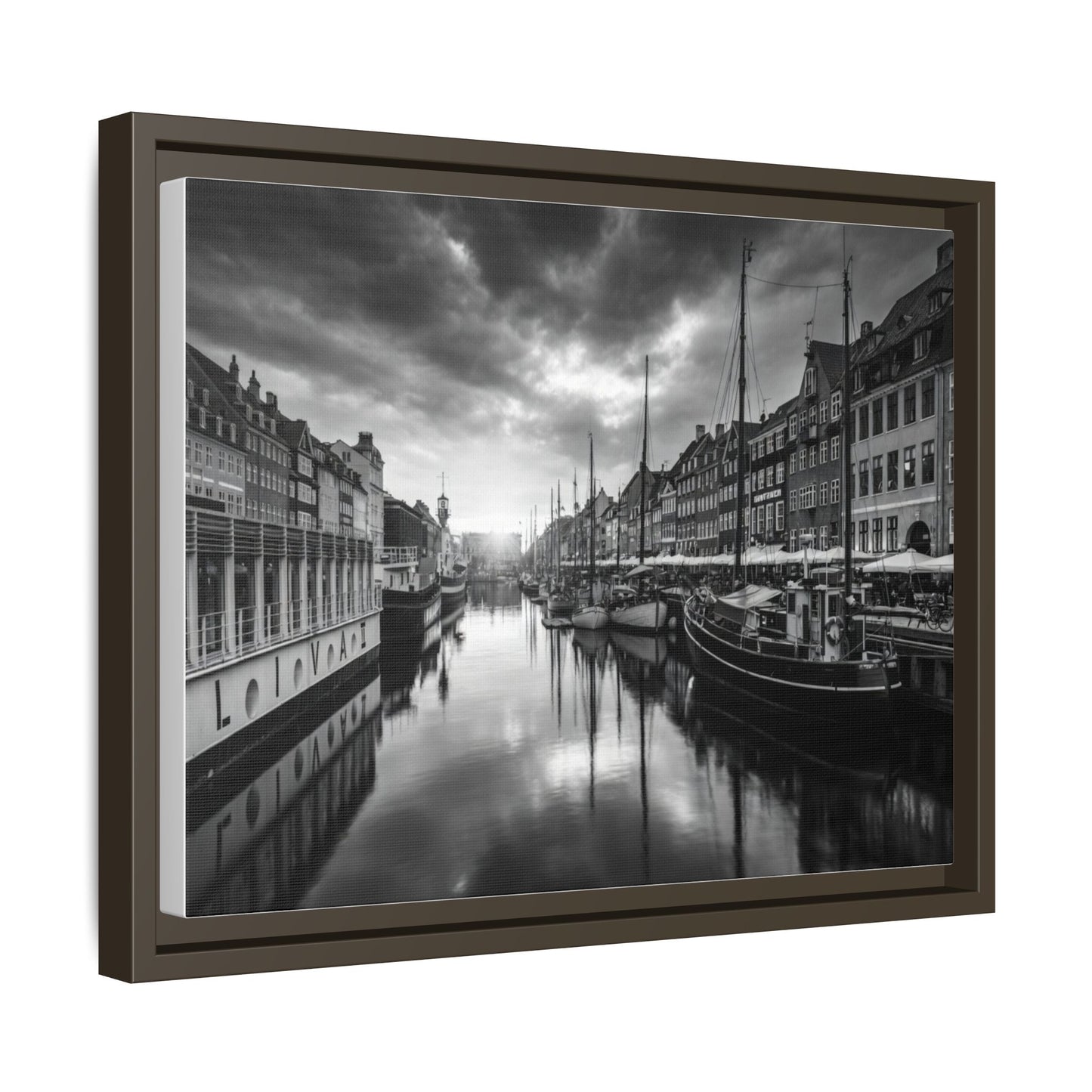 Framed Matte Canvas: Black & White Dutch Canal Photography Wall Art