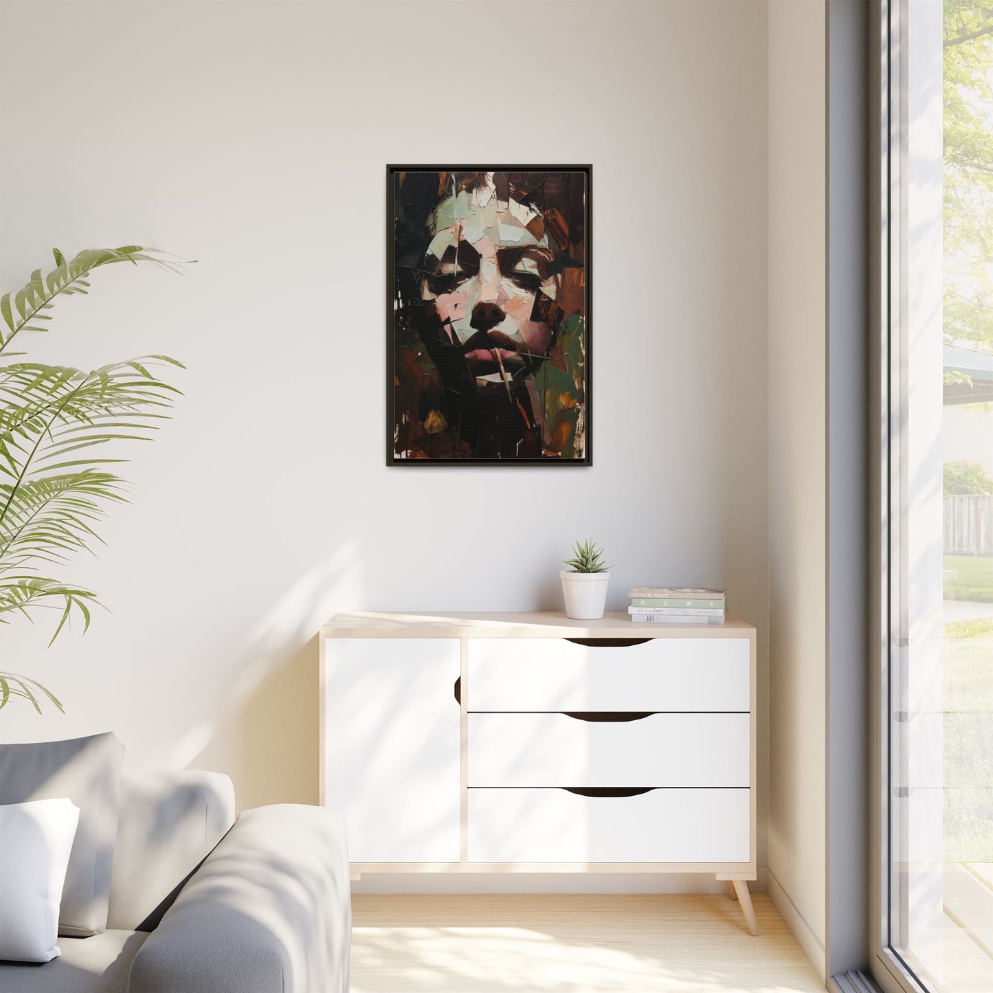 Matte Framed Canvas Art — Abstract Female Portrait, Moody Multicolor