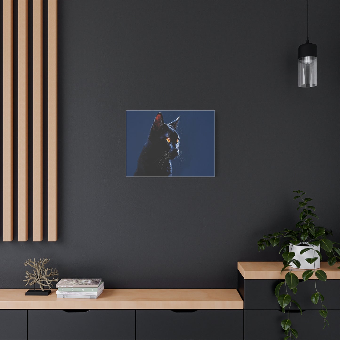 Matte Black Cat on blue background Canvas, Stretched, 1.25"