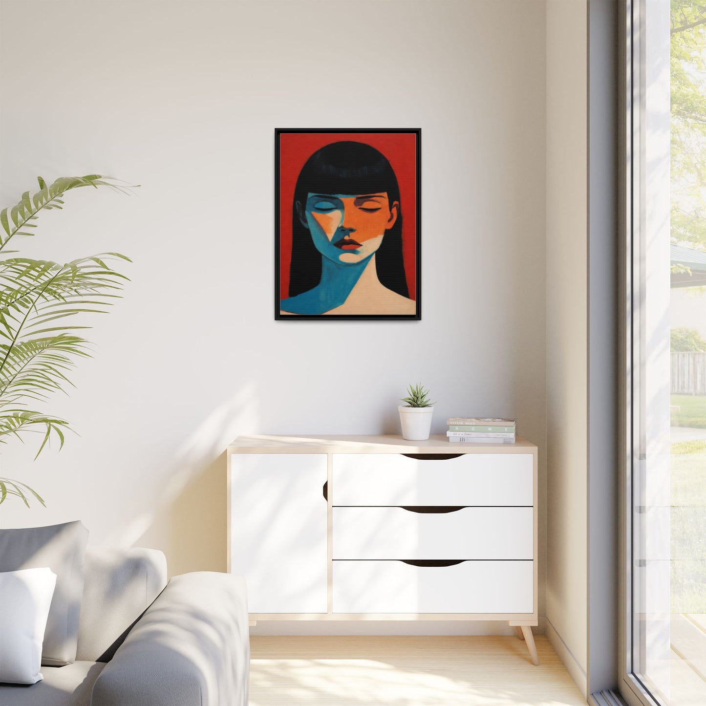 Framed Matte Canvas Art – Minimalist Portrait in Red & Teal