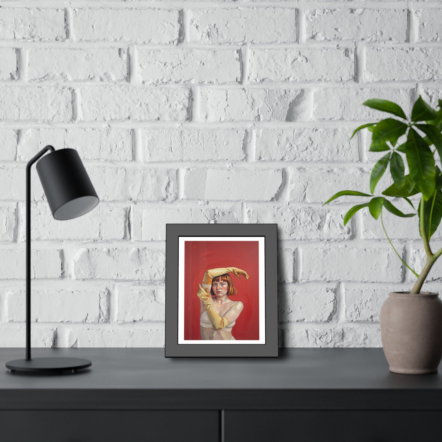 Framed Art Print — Retro Portrait with Yellow Gloves on Red Background