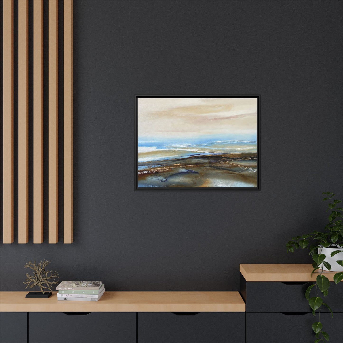 Framed Abstract Seascape Matte Canvas — Coastal Blue & Earth Tone Wall Art