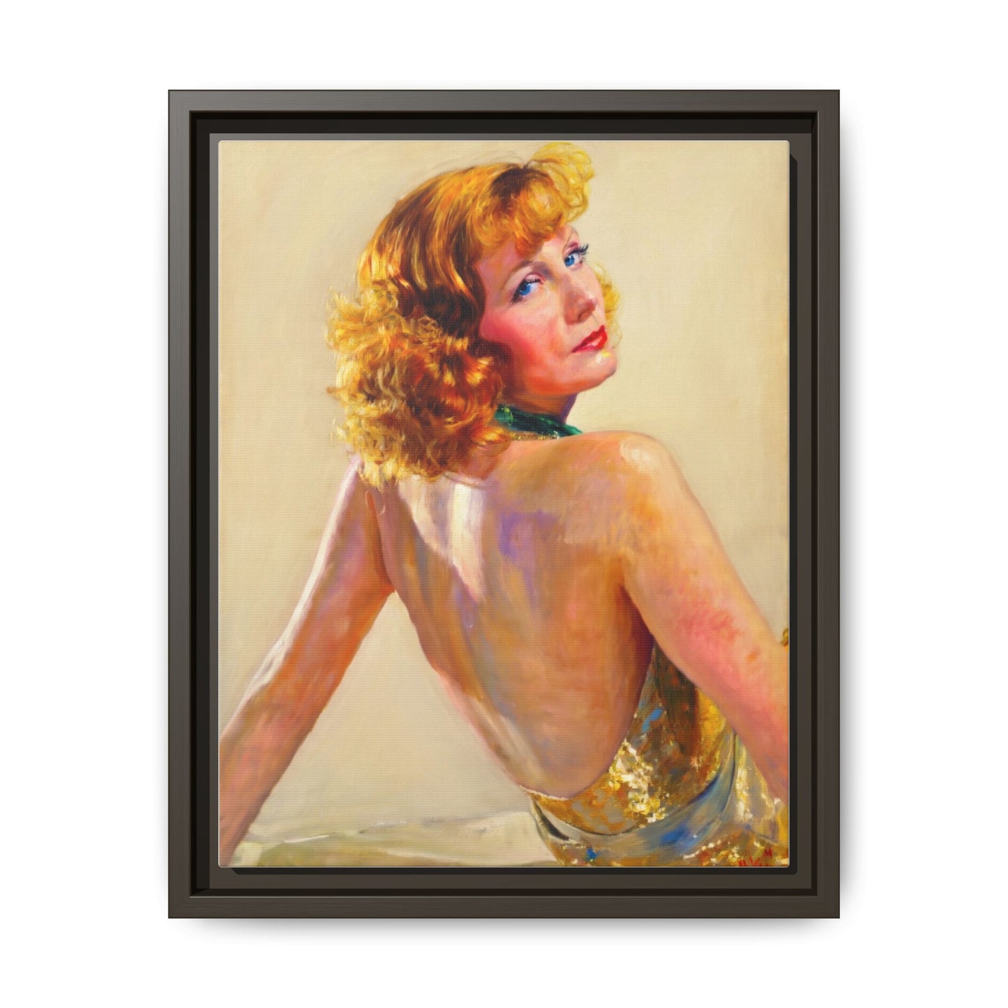 Framed Matte Canvas Print — Vintage Portrait of Redhead Greta Garbo in Gold Dress