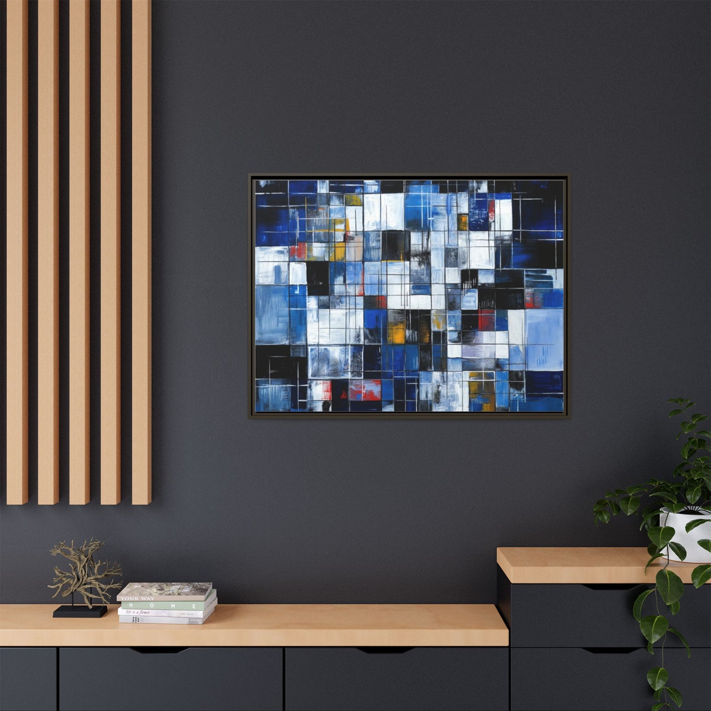 Abstract Blue Grid Matte Canvas Framed Art Print