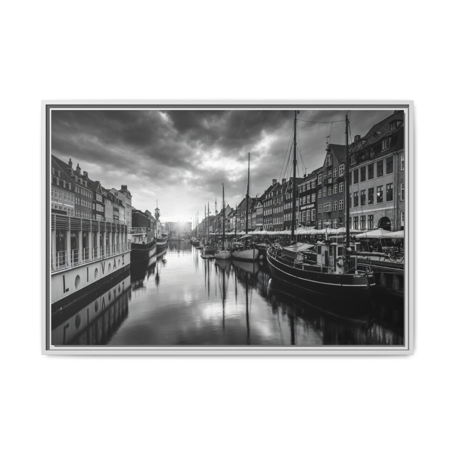 Framed Matte Canvas: Black & White Dutch Canal Photography Wall Art