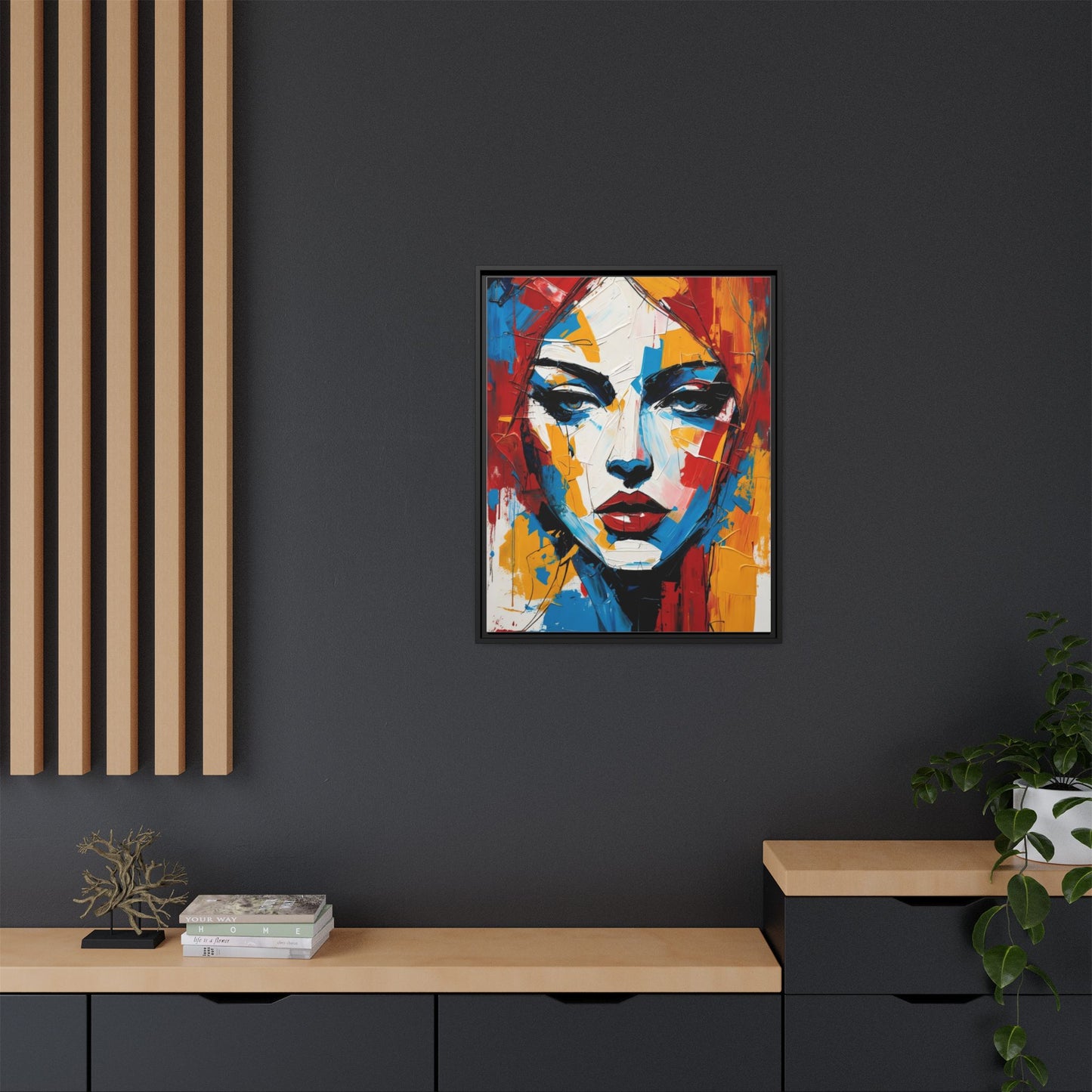 Framed Abstract Portrait Canvas — Colorful Female Face Wall Art