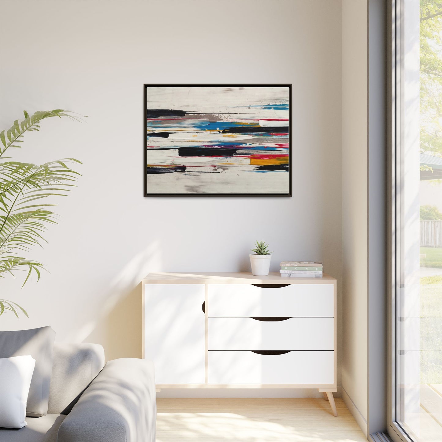 Abstract Multi-Color Framed Canvas Wall Art — Modern Horizontal Brushstroke Print
