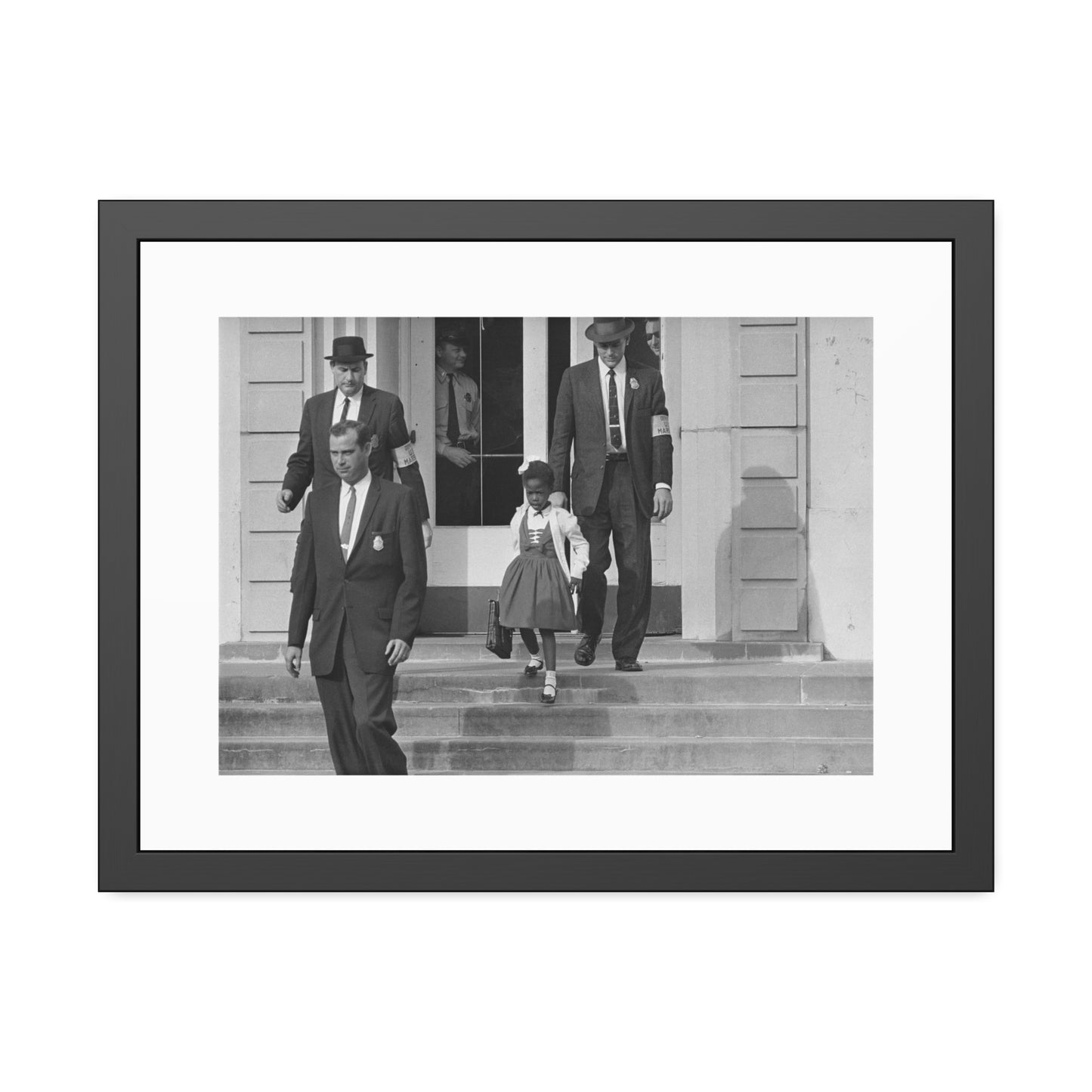 US Marshals with Young Ruby Bridges on School Steps by Unknown  Black & White Civil Rights Photograph Framed Wall Art Print