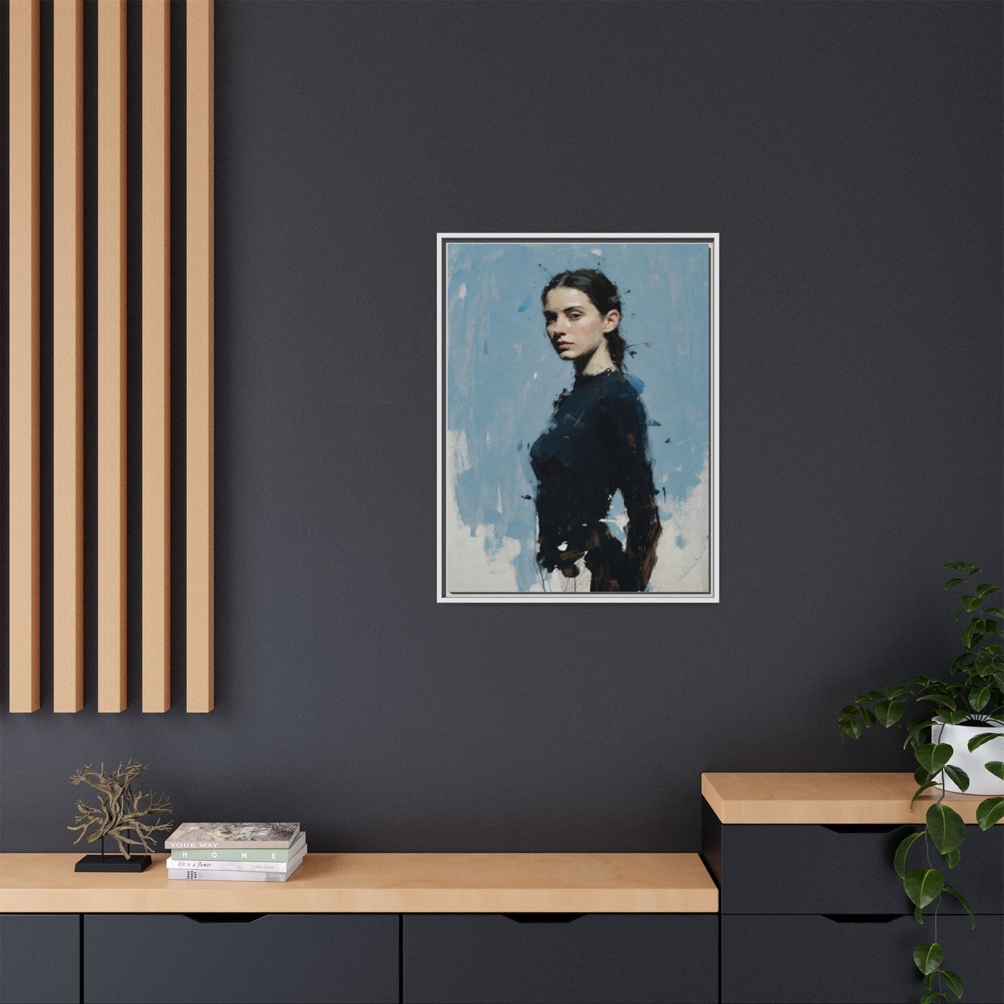 Framed Matte Canvas Portrait Print — Elegant Blue Woman Art