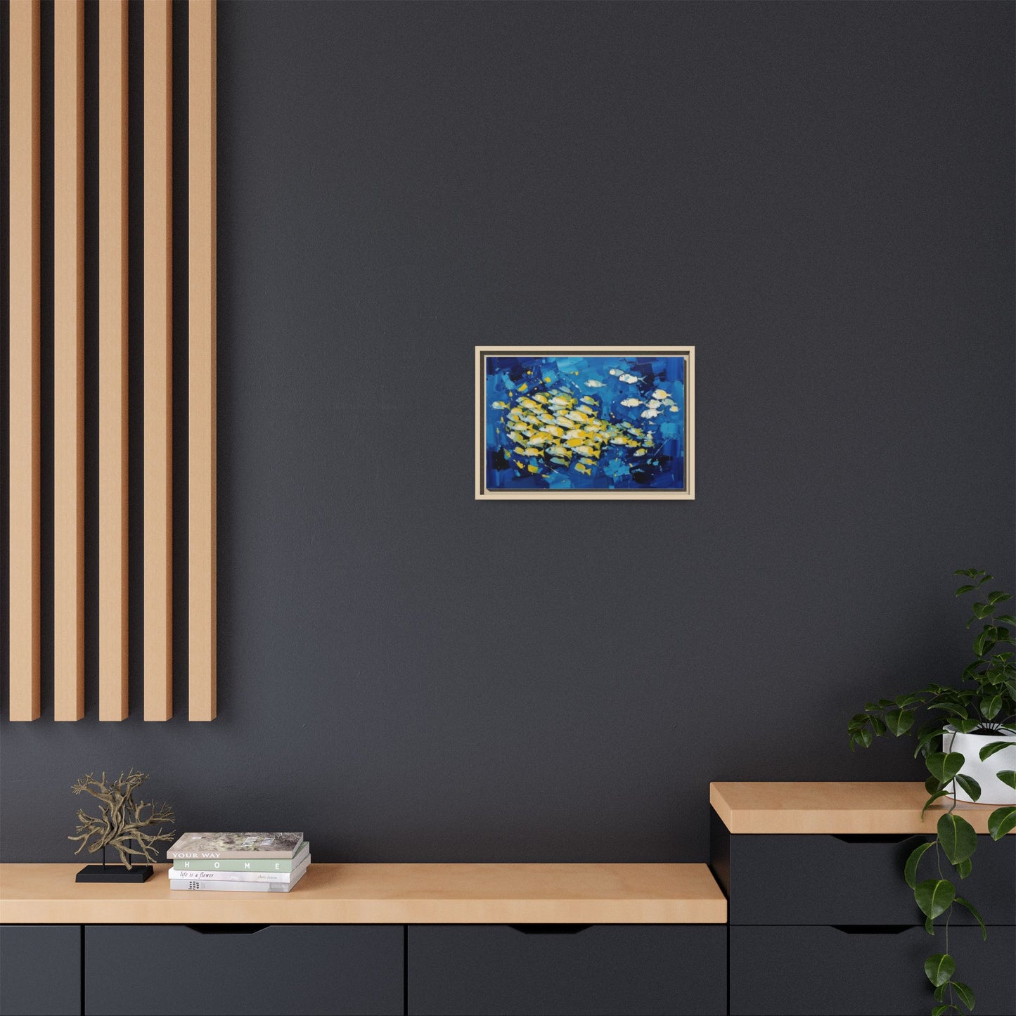 Framed Matte Canvas: Blue School of Fish Wall Art