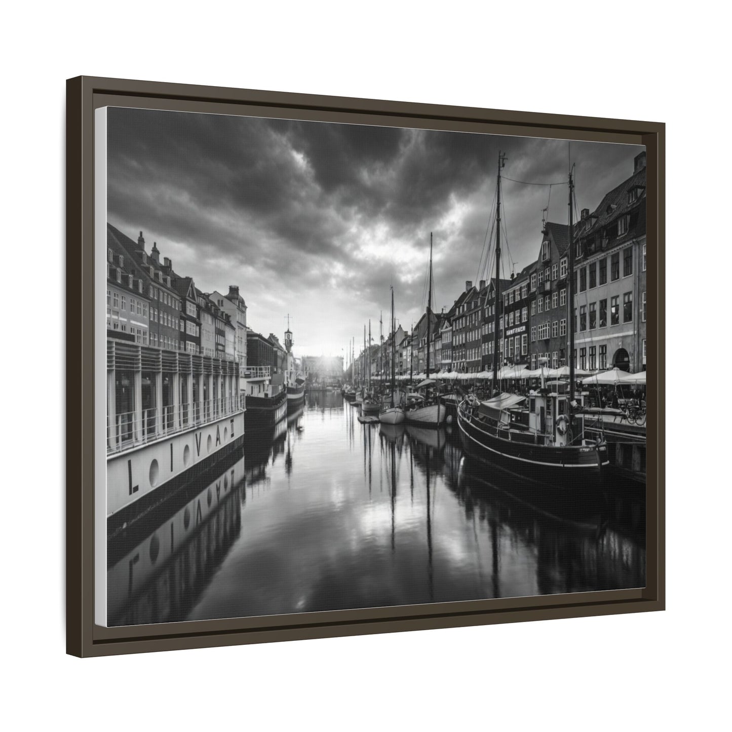 Framed Matte Canvas: Black & White Dutch Canal Photography Wall Art