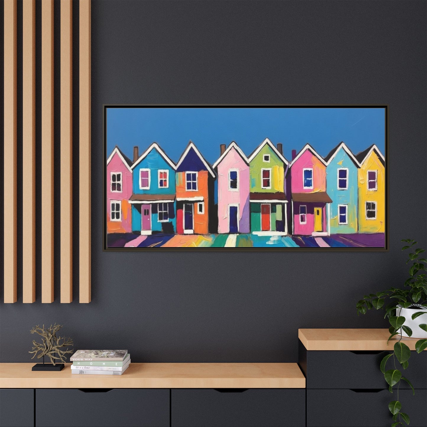 Colorful Beach Houses Matte Canvas Framed Wall Art