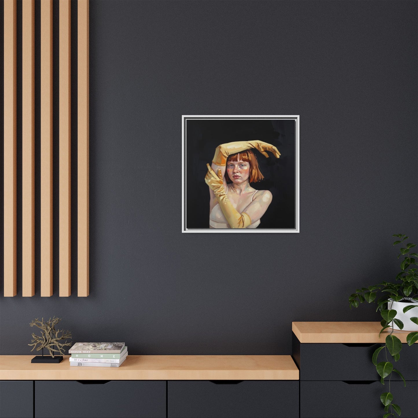 Framed Matte Canvas Art – Portrait of Woman in Yellow Gloves