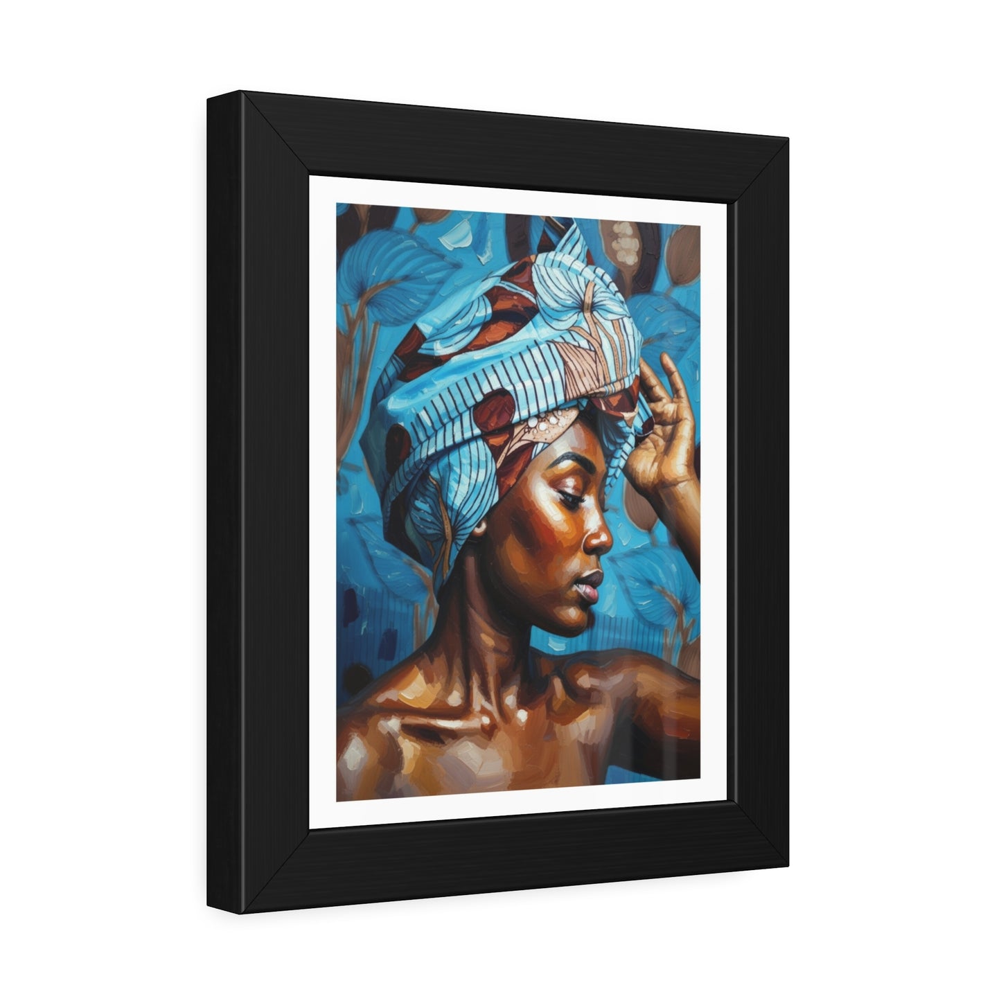 Framed Art Print — Portrait of Woman with Blue Headwrap (Gallery Wall Decor)