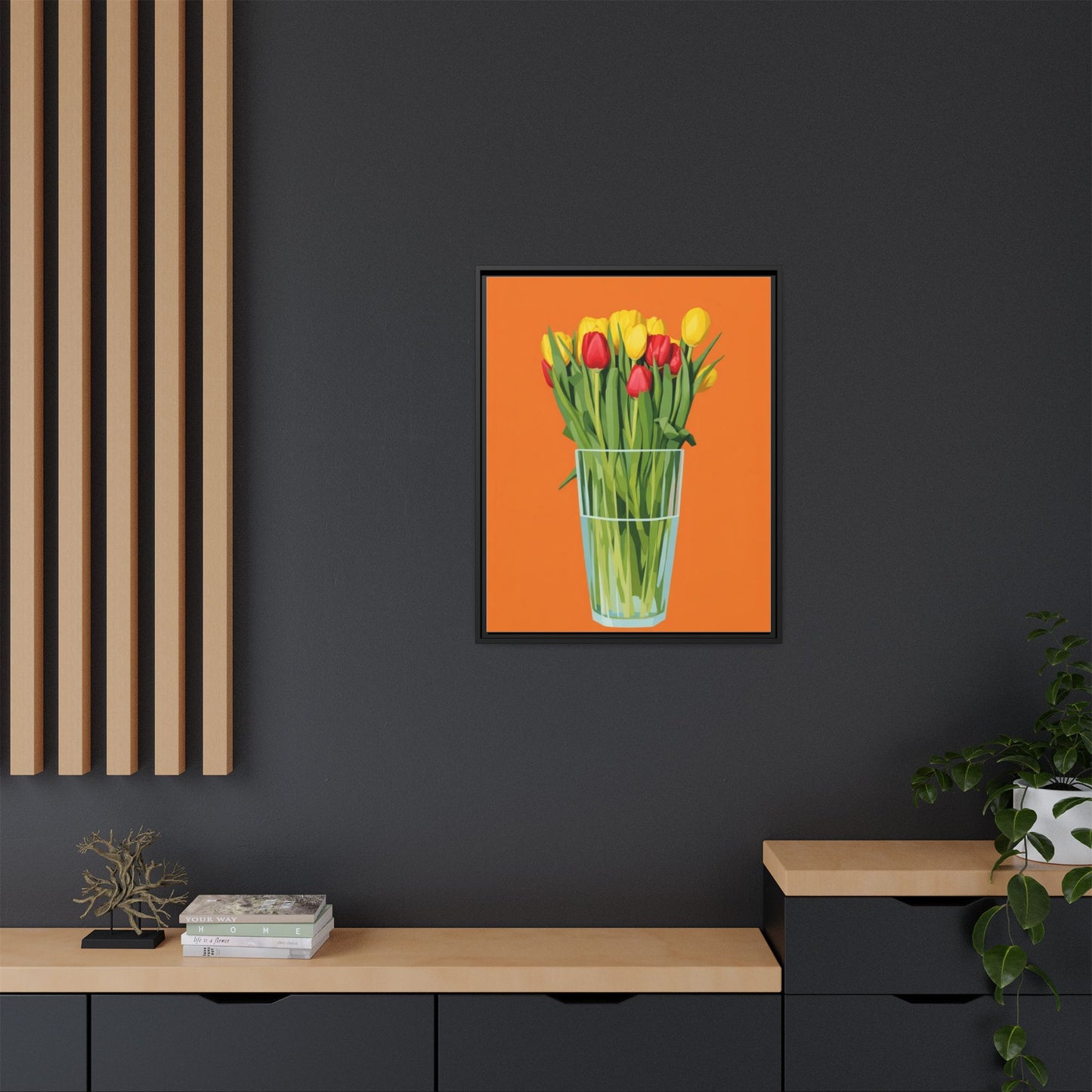 Framed Tulip Canvas Print — Colorful Tulips in Glass Vase