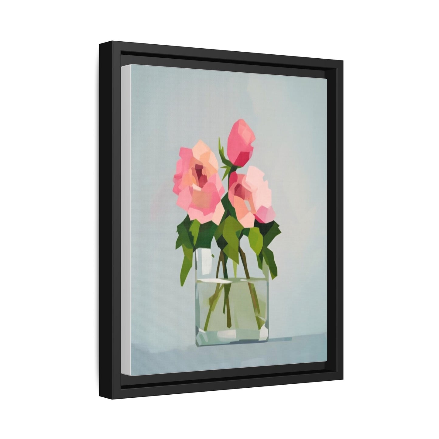 Framed Floral Canvas Print — Pink Roses in Glass Vase (Matte)