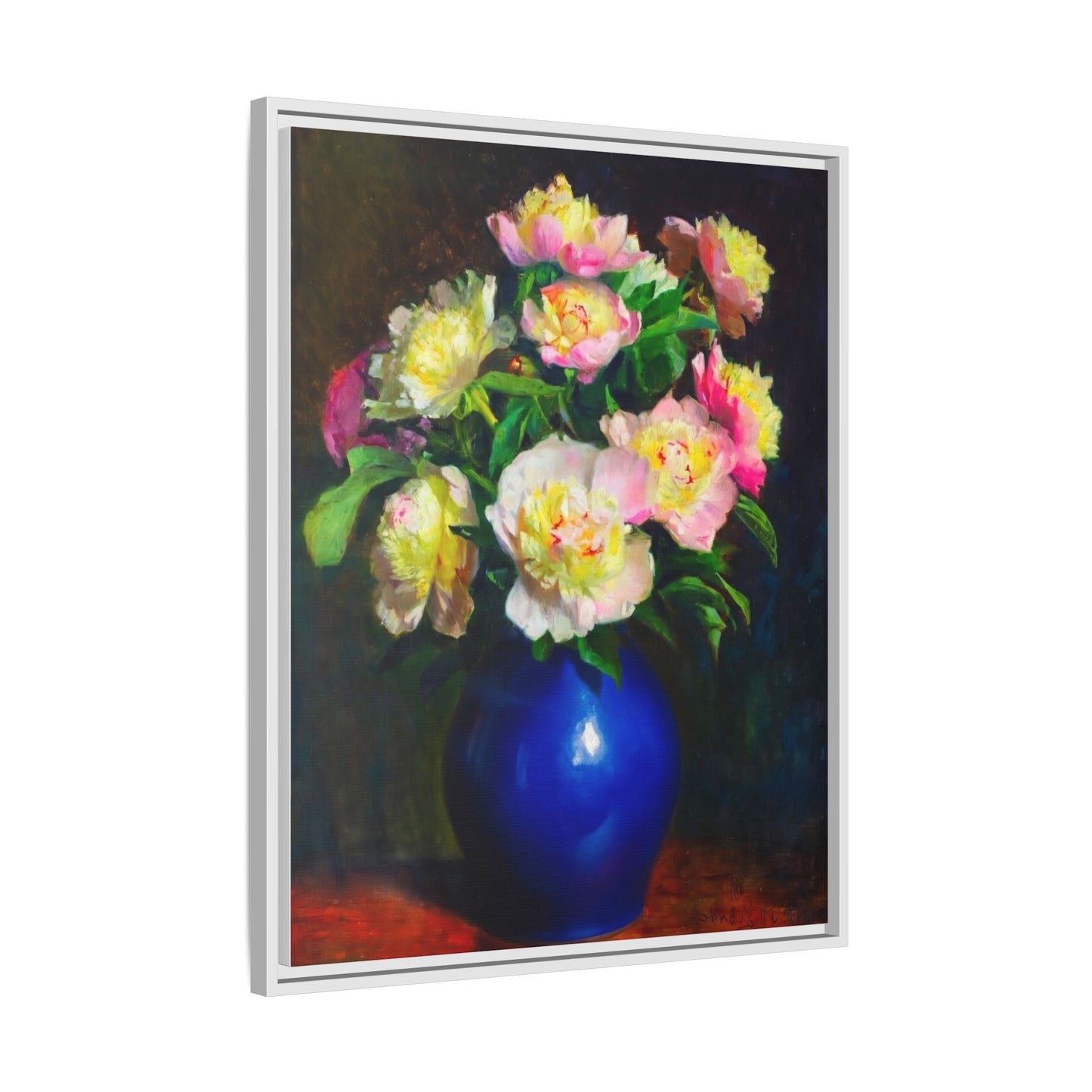 Framed Matte Canvas Wall Art — Vintage Floral Bouquet in Blue Vase