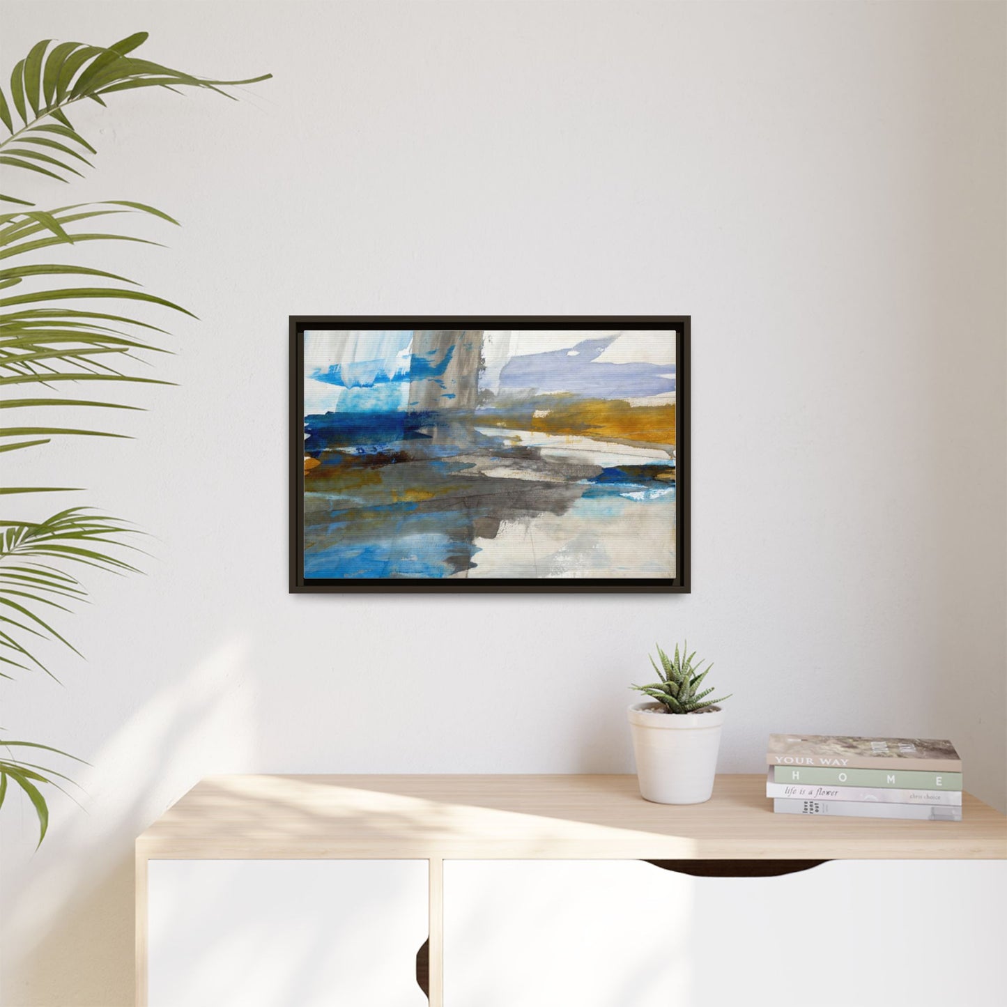 Abstract Blue & Gold Framed Canvas Art — Matte Multi-Color Wall Print