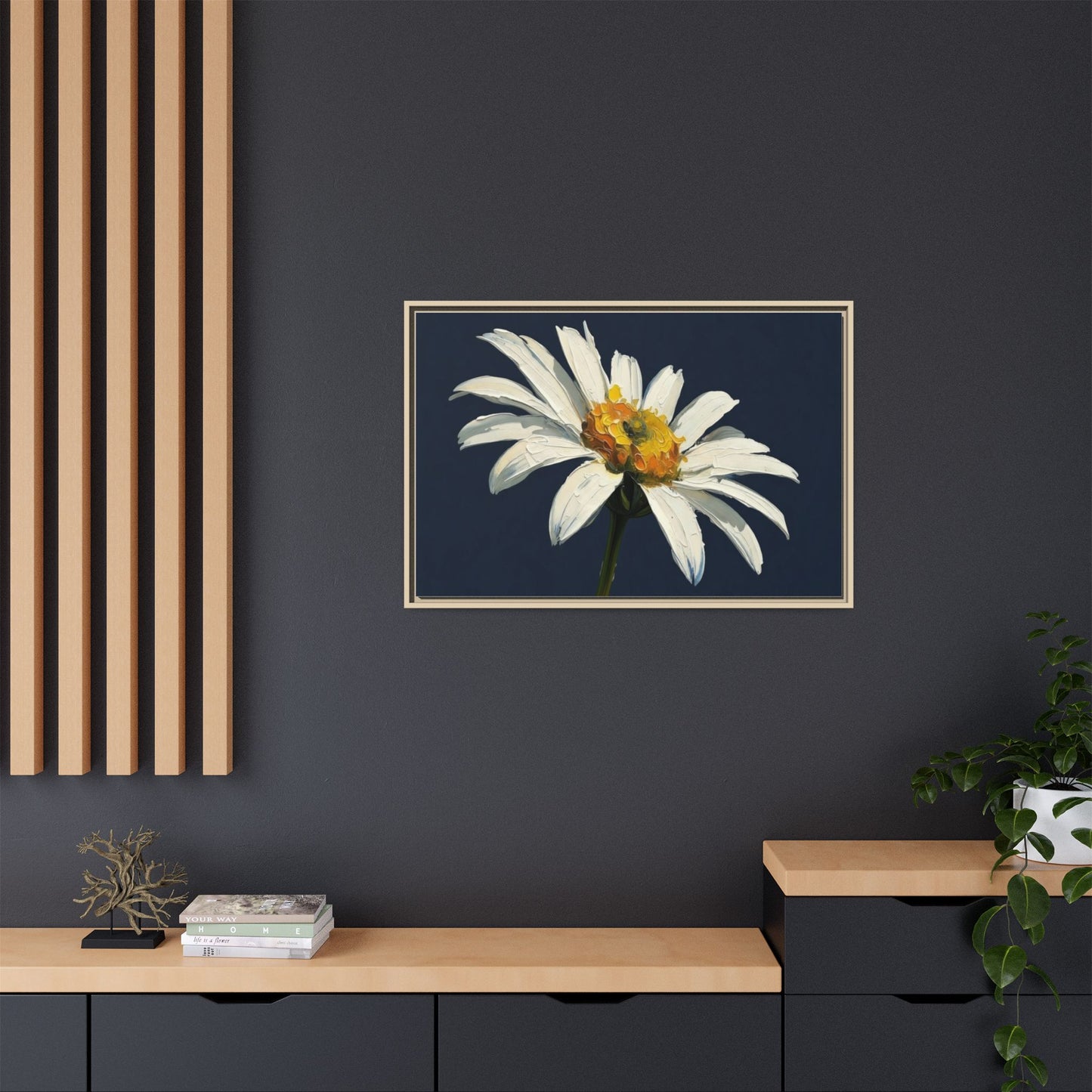 Framed Matte Canvas Daisy Wall Art — White Floral Painting on Navy