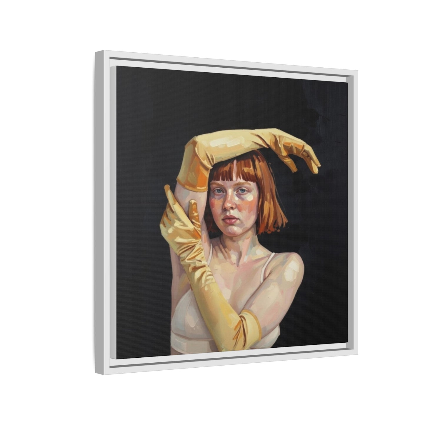 Framed Matte Canvas Art – Portrait of Woman in Yellow Gloves