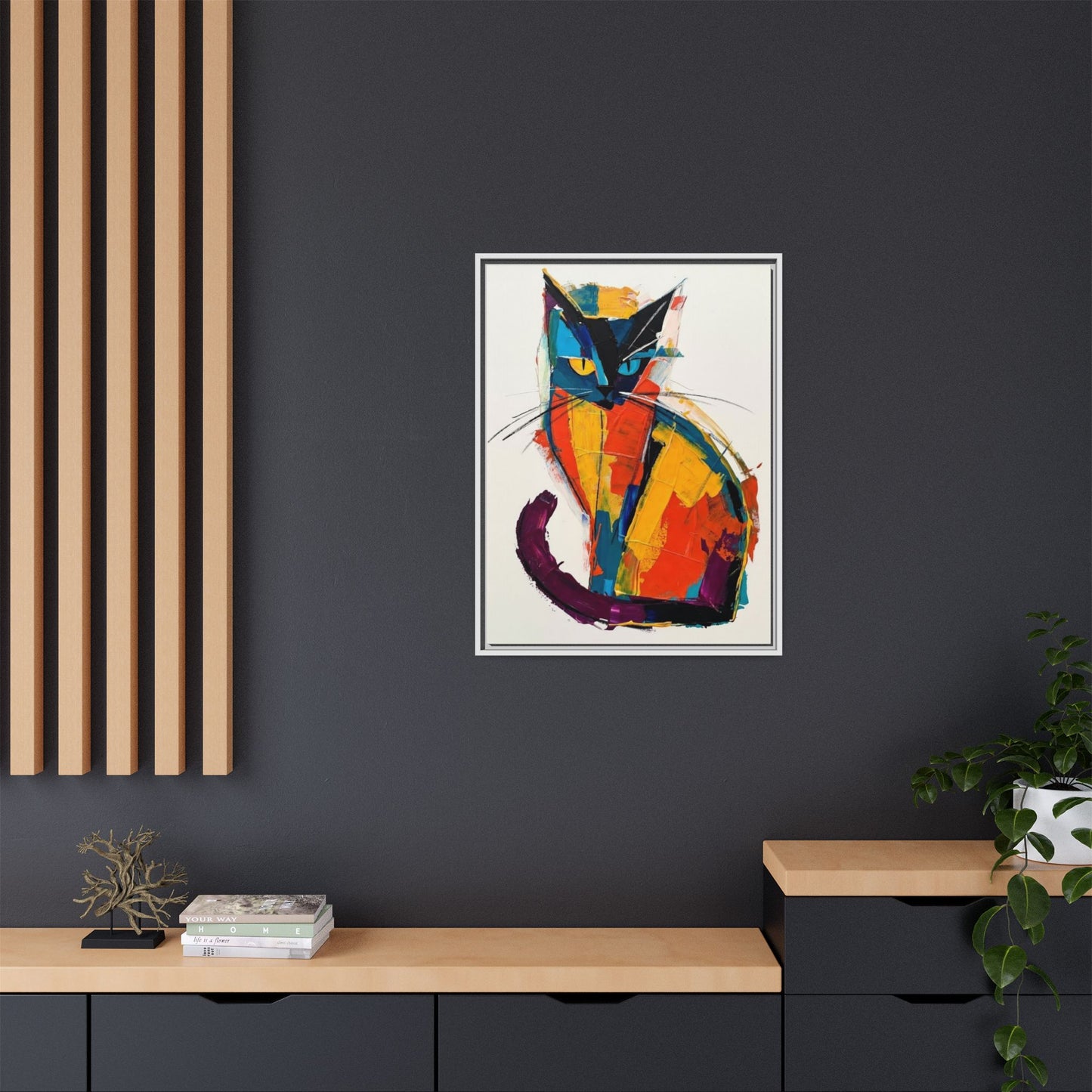 Colorful Abstract Cat Framed Canvas — Modern Matte Wall Art