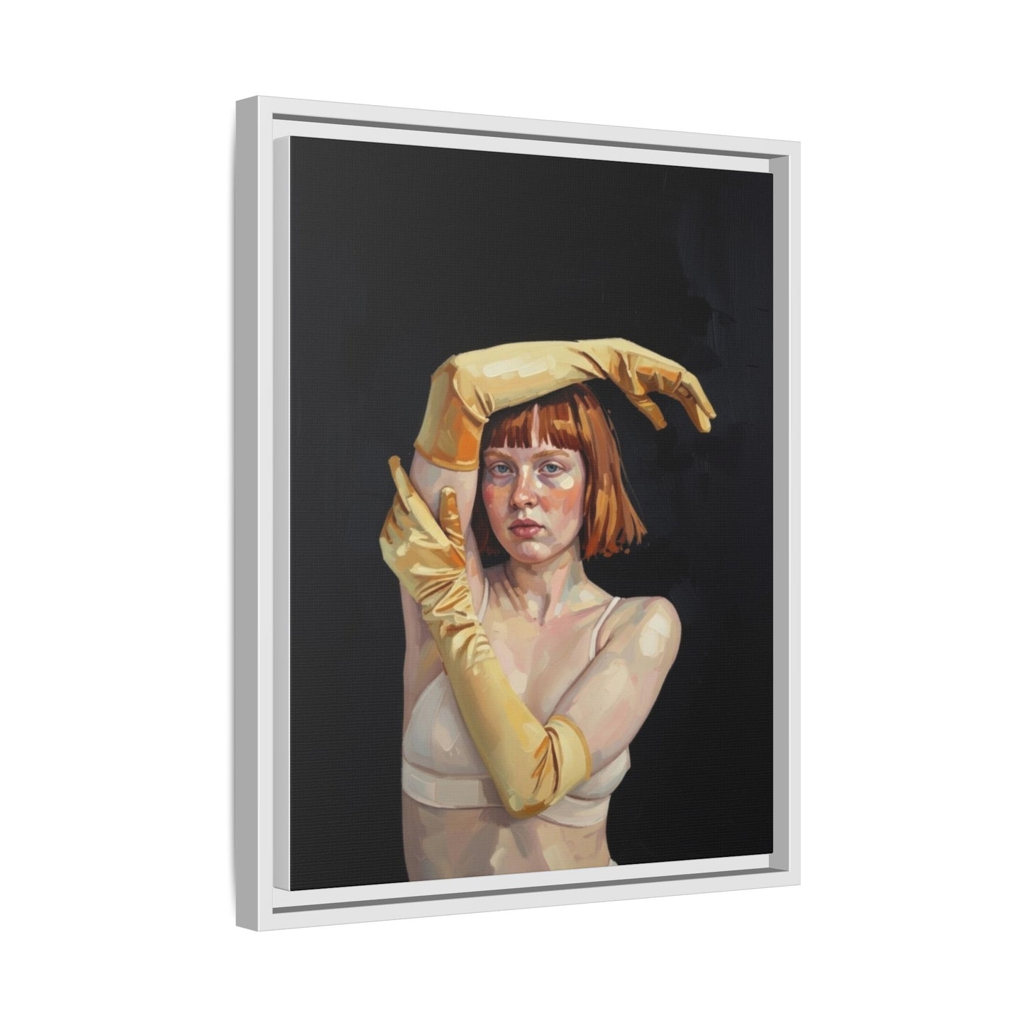 Framed Matte Canvas Art – Portrait of Woman in Yellow Gloves