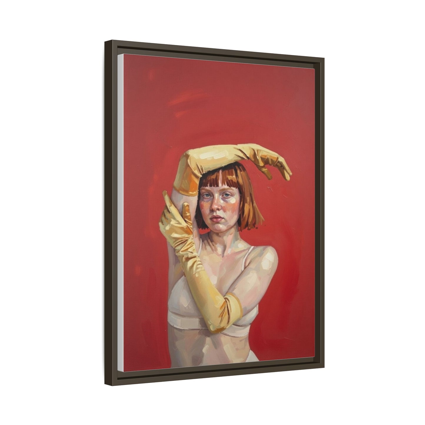 Framed Matte Canvas Art - Portrait of Woman in Yellow Gloves (Red Background)