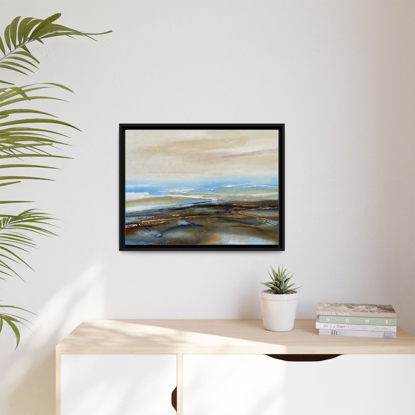 Framed Abstract Seascape Matte Canvas — Coastal Blue & Earth Tone Wall Art