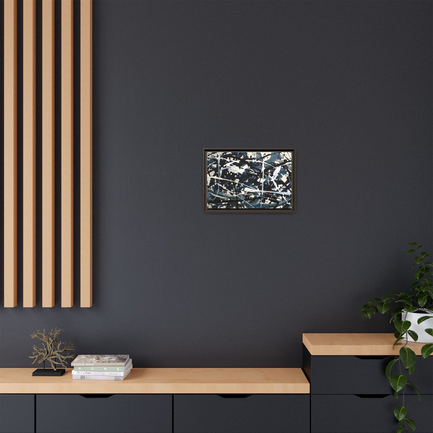Abstract Splatter Matte Canvas Framed Wall Art — Black & Blue Modern Art Print