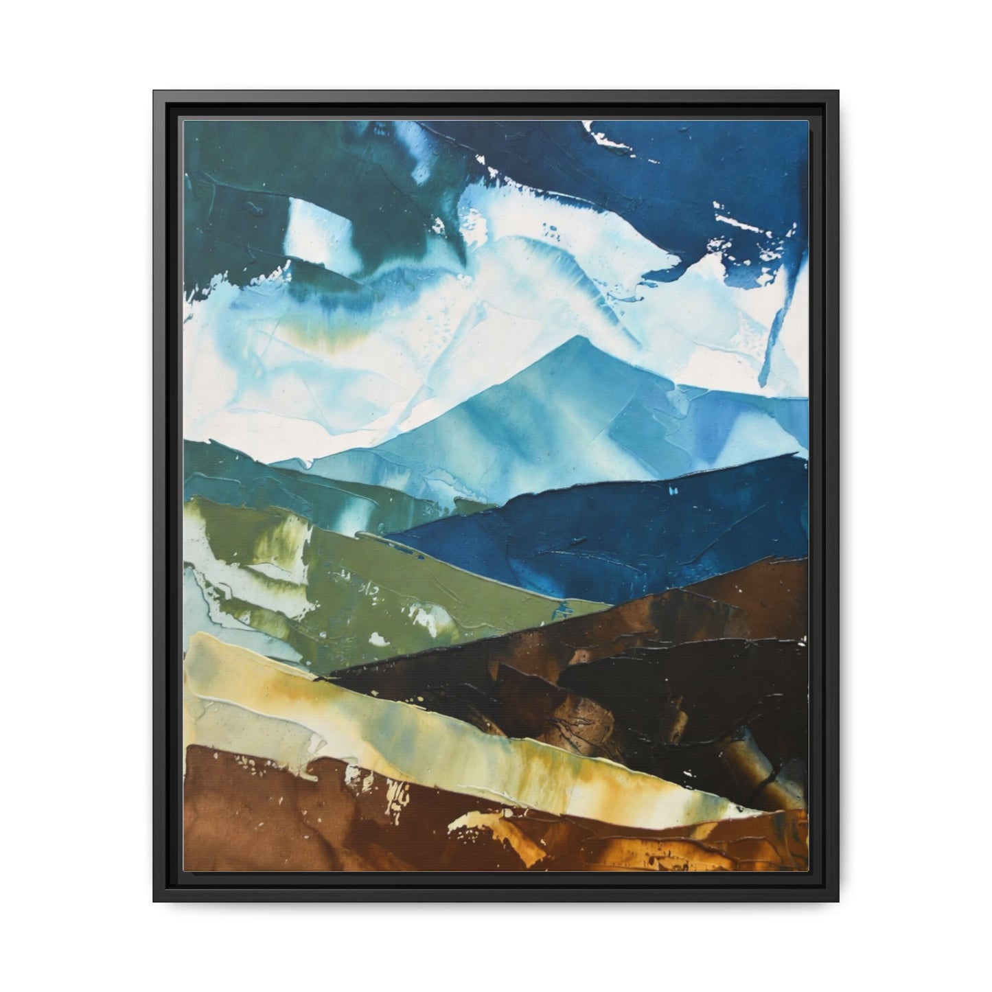 Framed Abstract Mountain Canvas Art — Blue & Earthtone Landscape Print