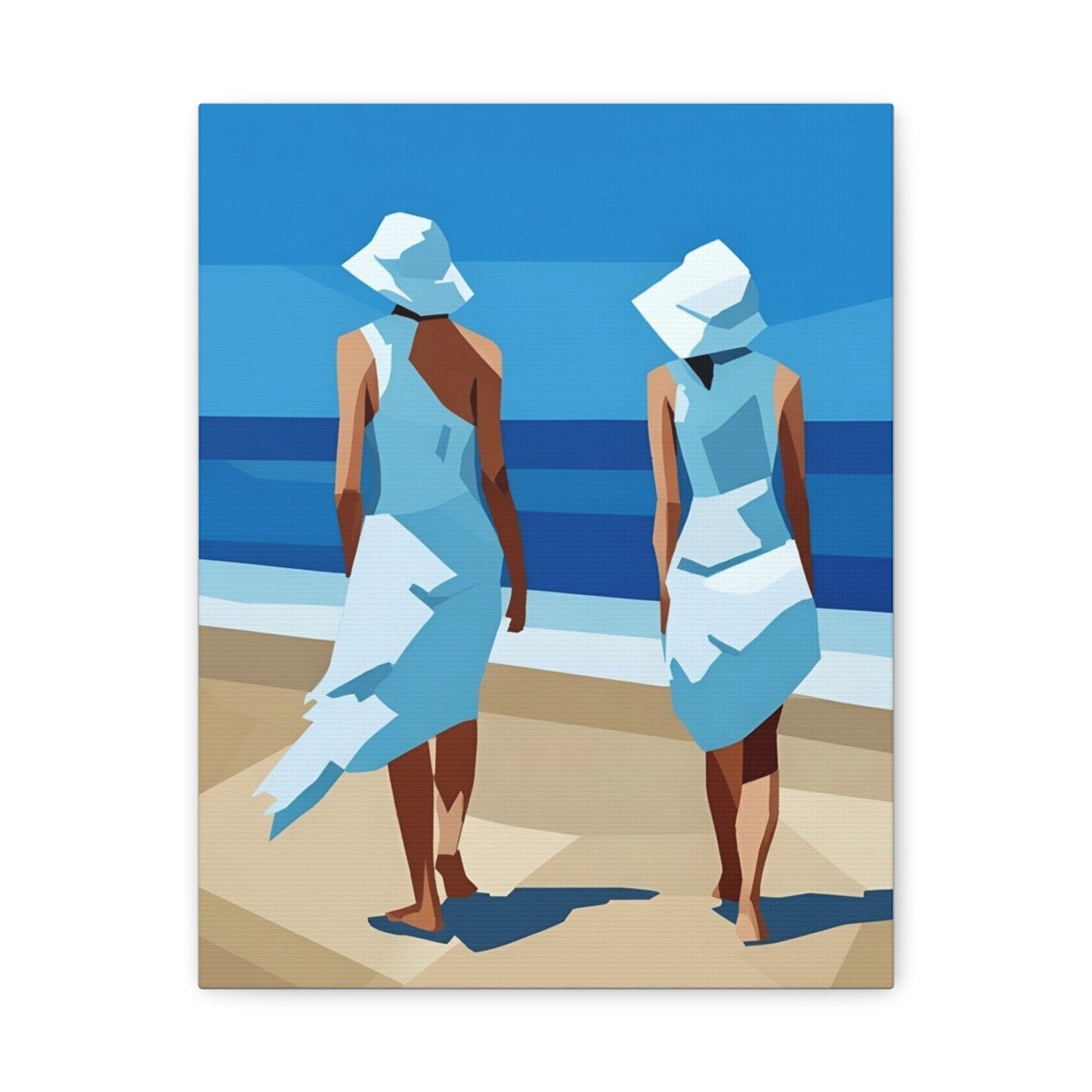 Beach Stroll Canvas Print — Two Women in Blue Sun Hats Matte Stretched