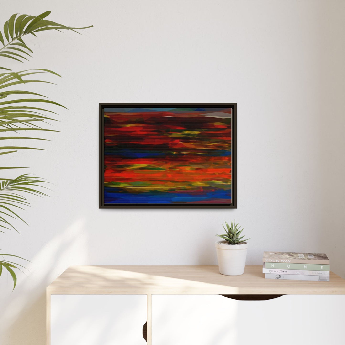 Abstract Multi-Color Matte Canvas Framed Wall Art — Bold Red & Blue Modern Painting