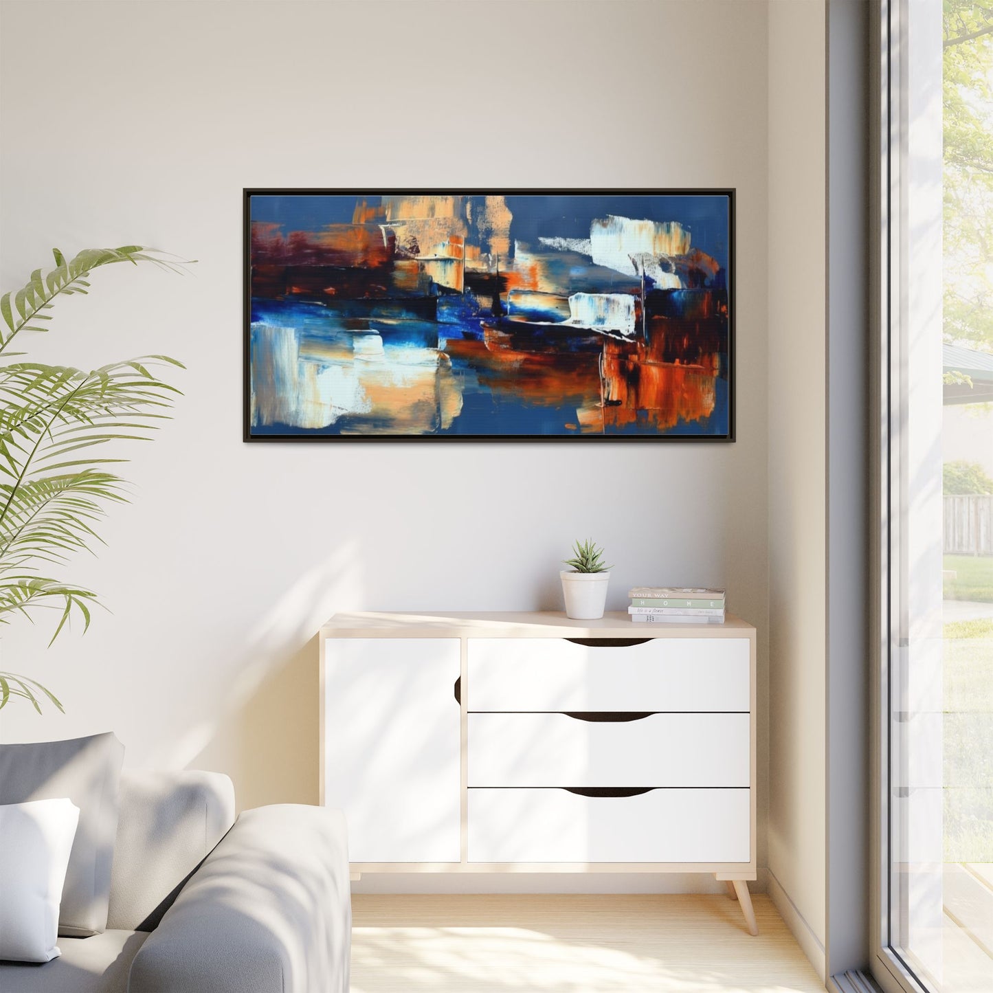 Abstract Blue & Rust Framed Canvas Art — Modern Matte Wall Painting