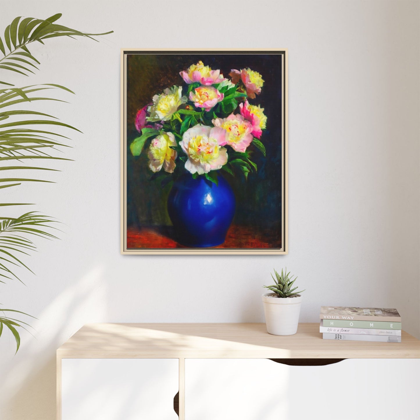 Framed Matte Canvas Wall Art — Vintage Floral Bouquet in Blue Vase