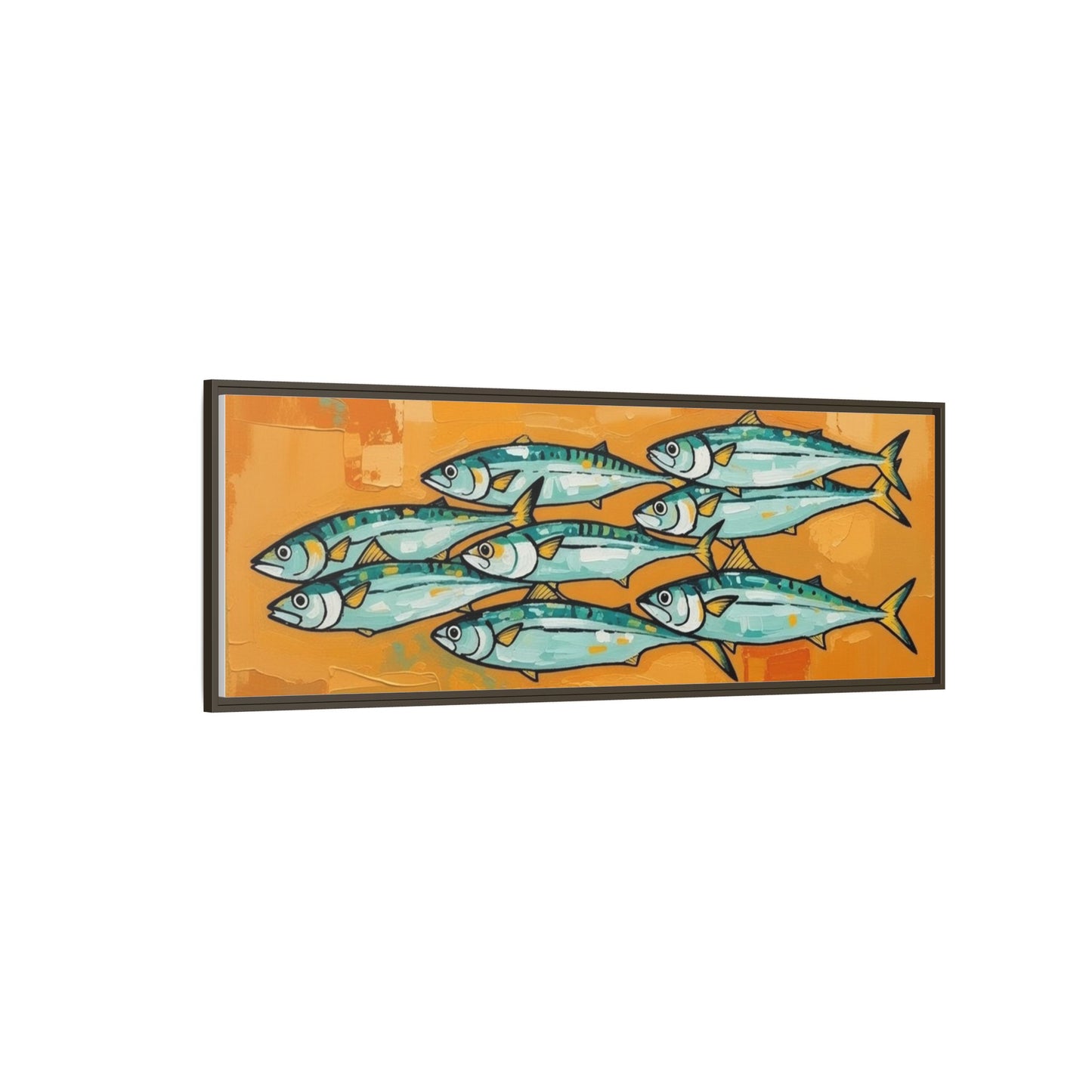 Framed Matte Canvas Print — School of Blue Fish on Orange Abstract Background