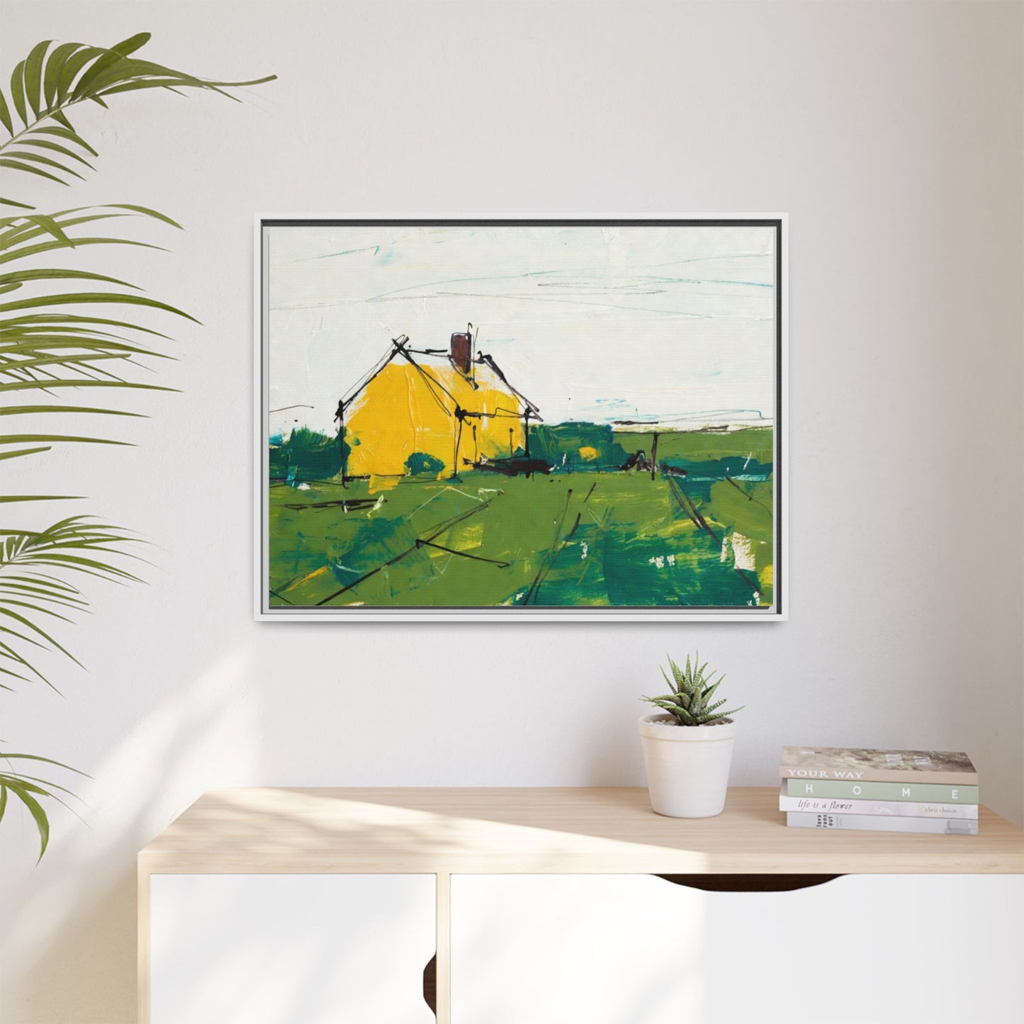 Yellow Cottage Landscape Framed Canvas Print
