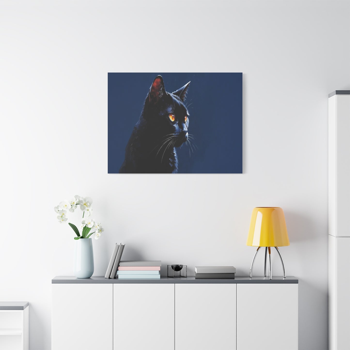 Matte Black Cat on blue background Canvas, Stretched, 1.25"