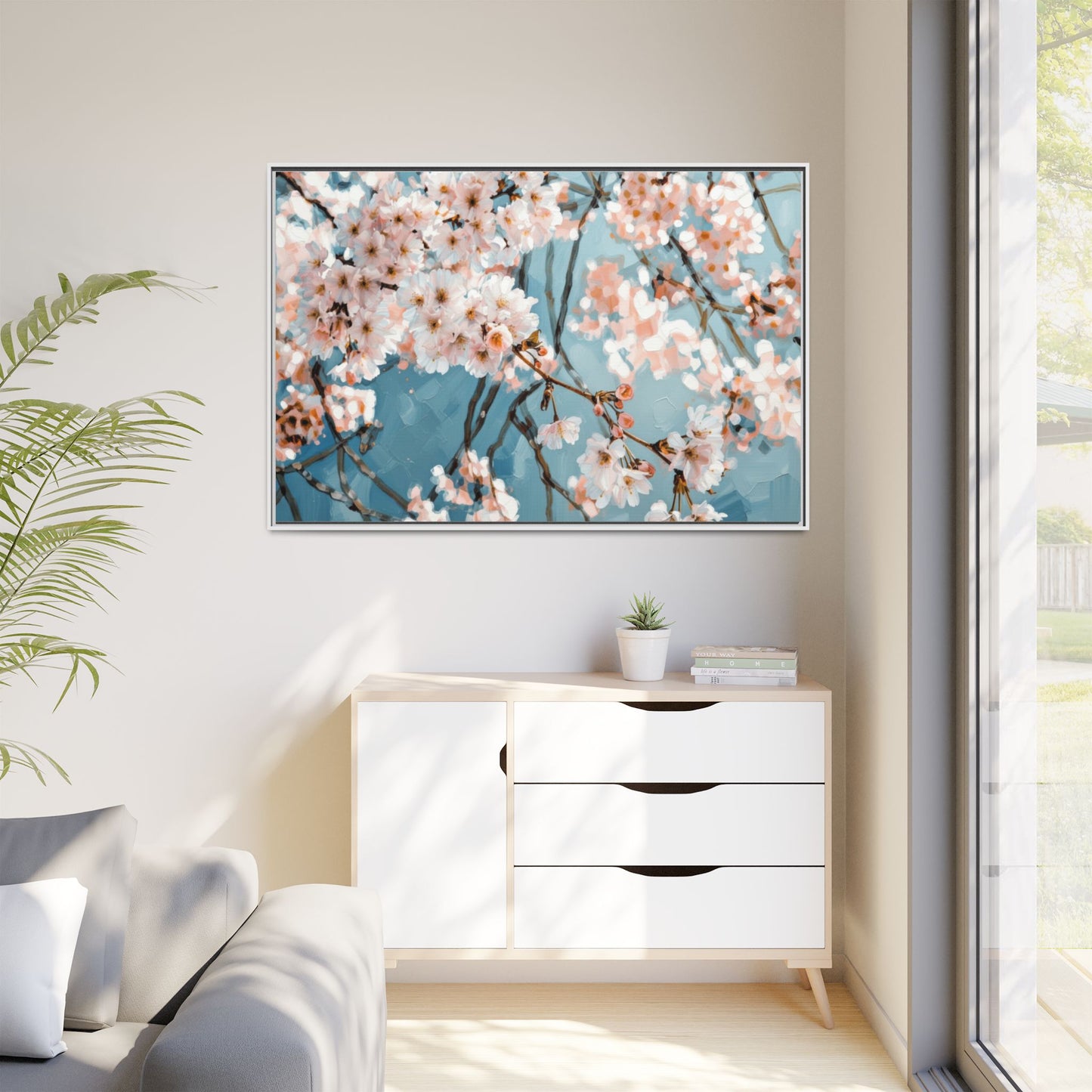 Framed Cherry Blossom Matte Canvas Print — Soft Pink Floral Wall Art